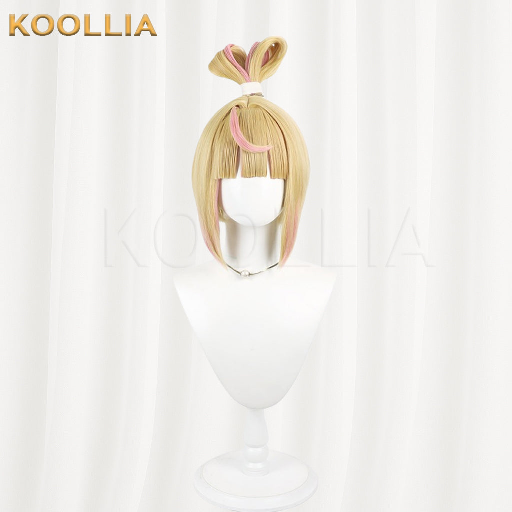Overwatch Juno Wig Light Gold With Pink Highlights Realistic Scalp Top Energetic Bob Short Hair All‑In‑One Bow Loop Updo Basic Wig