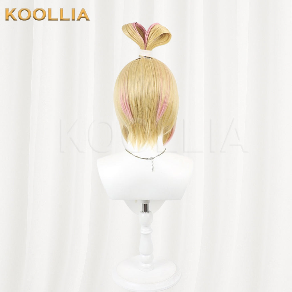 Overwatch Juno Wig Light Gold With Pink Highlights Realistic Scalp Top Energetic Bob Short Hair All‑In‑One Bow Loop Updo Basic Wig