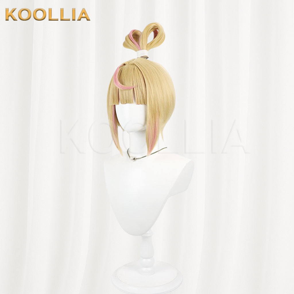 Overwatch Juno Wig Light Gold With Pink Highlights Realistic Scalp Top Energetic Bob Short Hair All‑In‑One Bow Loop Updo Basic Wig