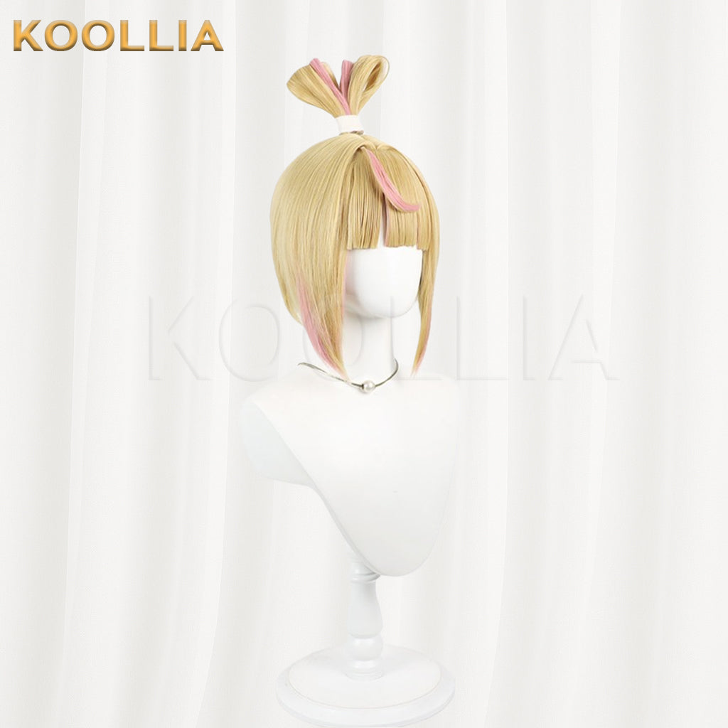 Overwatch Juno Wig Light Gold With Pink Highlights Realistic Scalp Top Energetic Bob Short Hair All‑In‑One Bow Loop Updo Basic Wig
