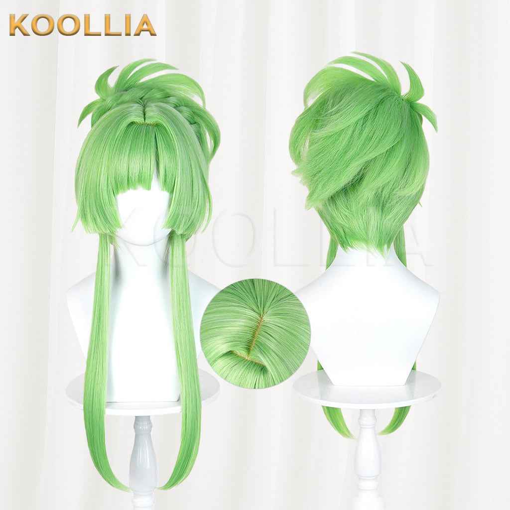 Puella Magi Madoka Magica Walpurgisnacht Rising Lilac Wig Bright Grass‑Green Realistic Scalp Top High Bun Long Side Strands Basic Wig