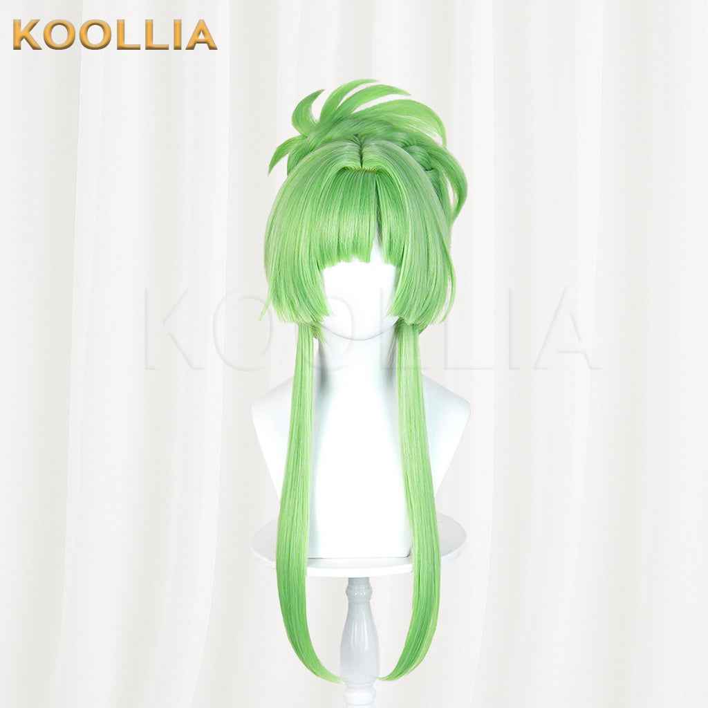 Puella Magi Madoka Magica Walpurgisnacht Rising Lilac Wig Bright Grass‑Green Realistic Scalp Top High Bun Long Side Strands Basic Wig