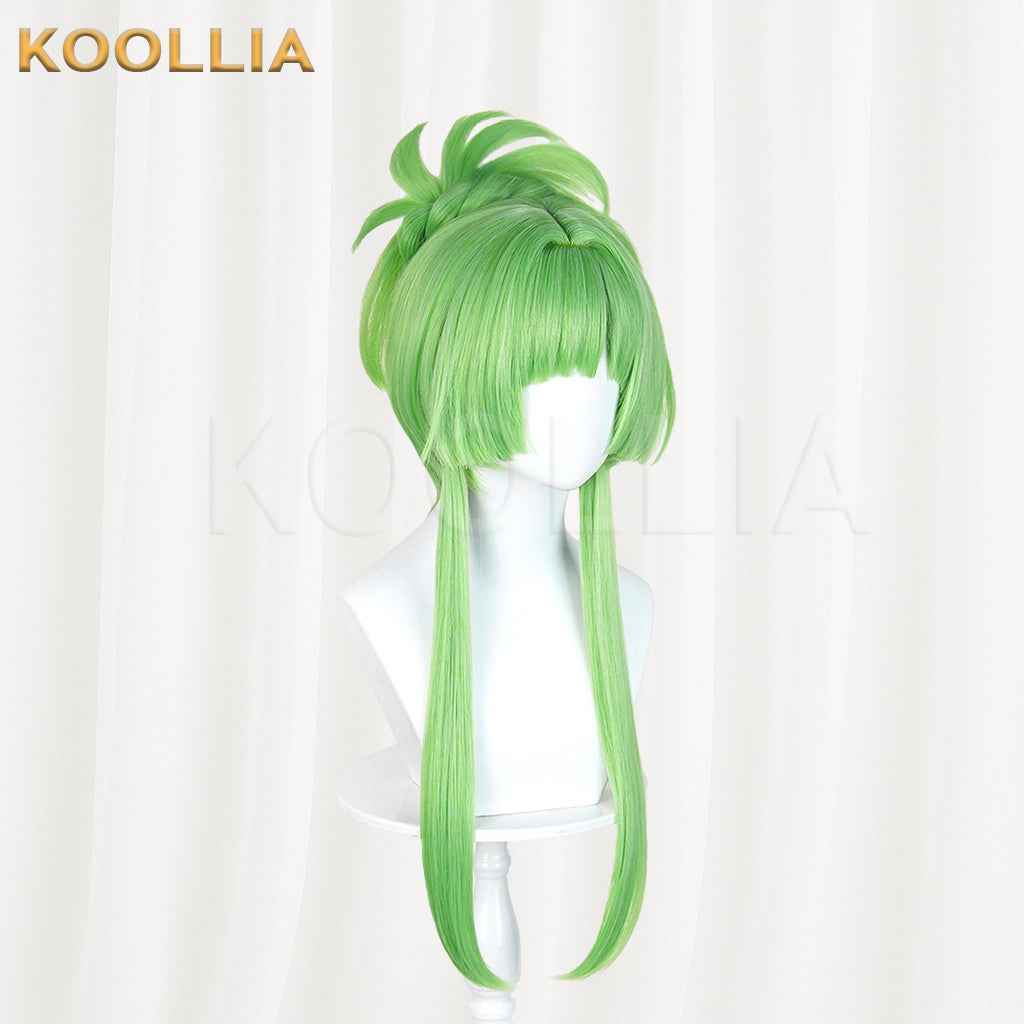 Puella Magi Madoka Magica Walpurgisnacht Rising Lilac Wig Bright Grass‑Green Realistic Scalp Top High Bun Long Side Strands Basic Wig