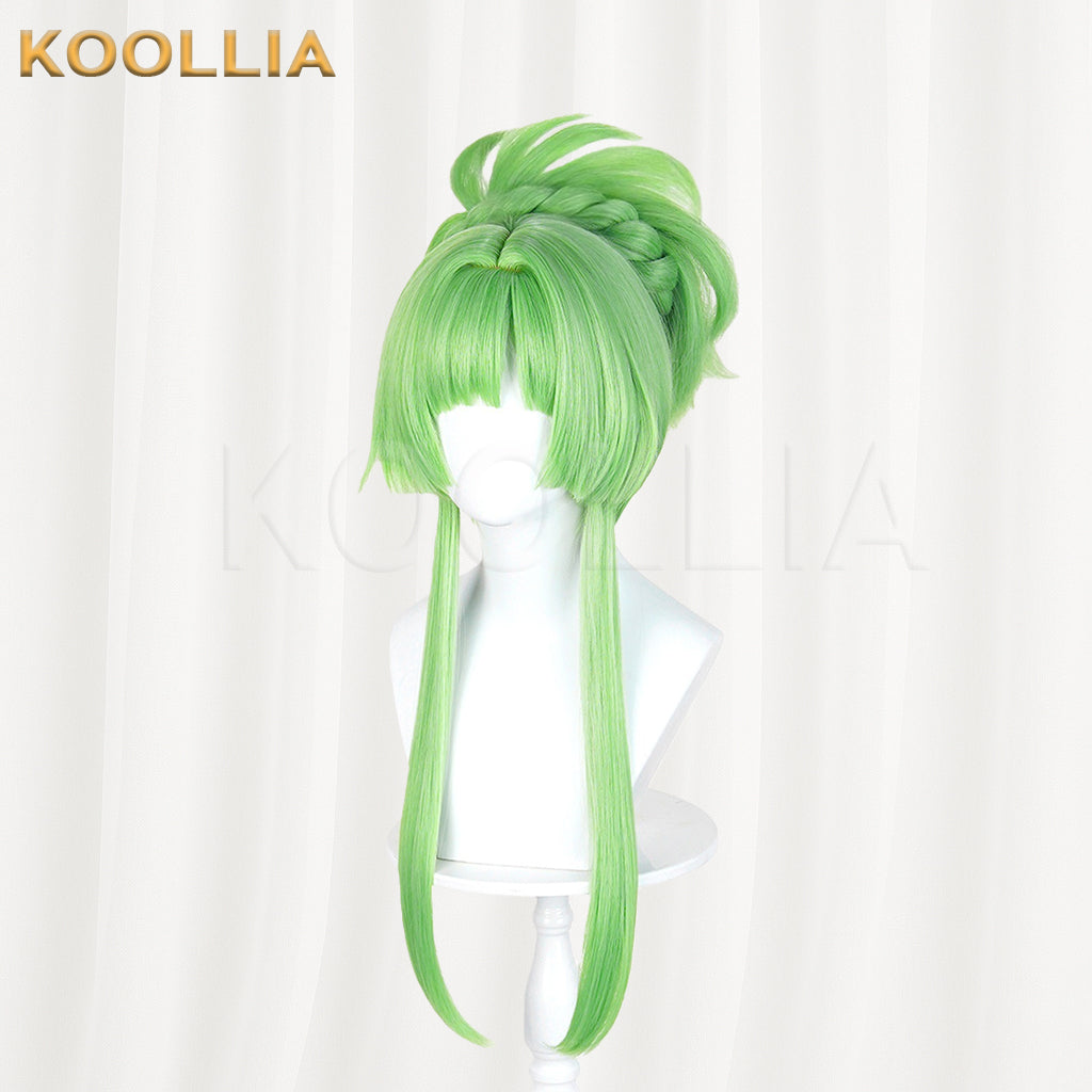 Puella Magi Madoka Magica Walpurgisnacht Rising Lilac Wig Bright Grass‑Green Realistic Scalp Top High Bun Long Side Strands Basic Wig