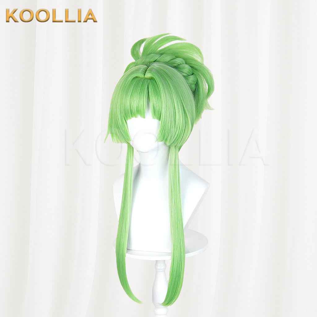Puella Magi Madoka Magica Walpurgisnacht Rising Lilac Wig Bright Grass‑Green Realistic Scalp Top High Bun Long Side Strands Basic Wig
