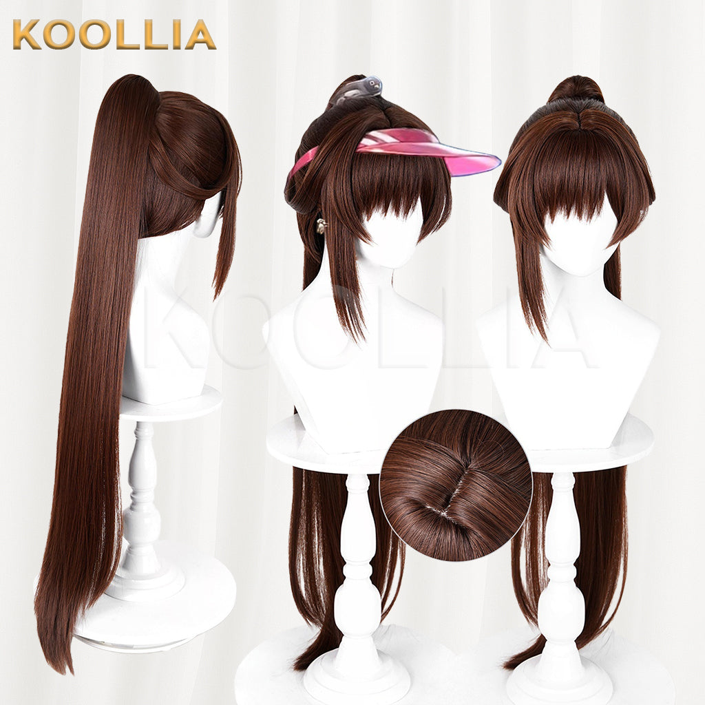 NIKKE Goddess of Victory Marciana Wig Chestnut Brown Realistic Scalp Top Detachable Straight Tiger‑clip Ponytail Basic Wig