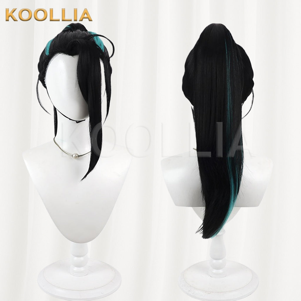 Touken Ranbu Namiheyasu Wig Jet‑Black With Teal‑Blue Highlights Mechanism Hairline Scalp Top Bun Detachable Ponytail Basic Wig