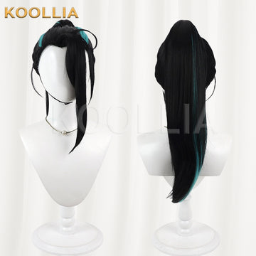 Touken Ranbu Namiheyasu Wig Jet‑Black With Teal‑Blue Highlights Mechanism Hairline Scalp Top Bun Detachable Ponytail Basic Wig