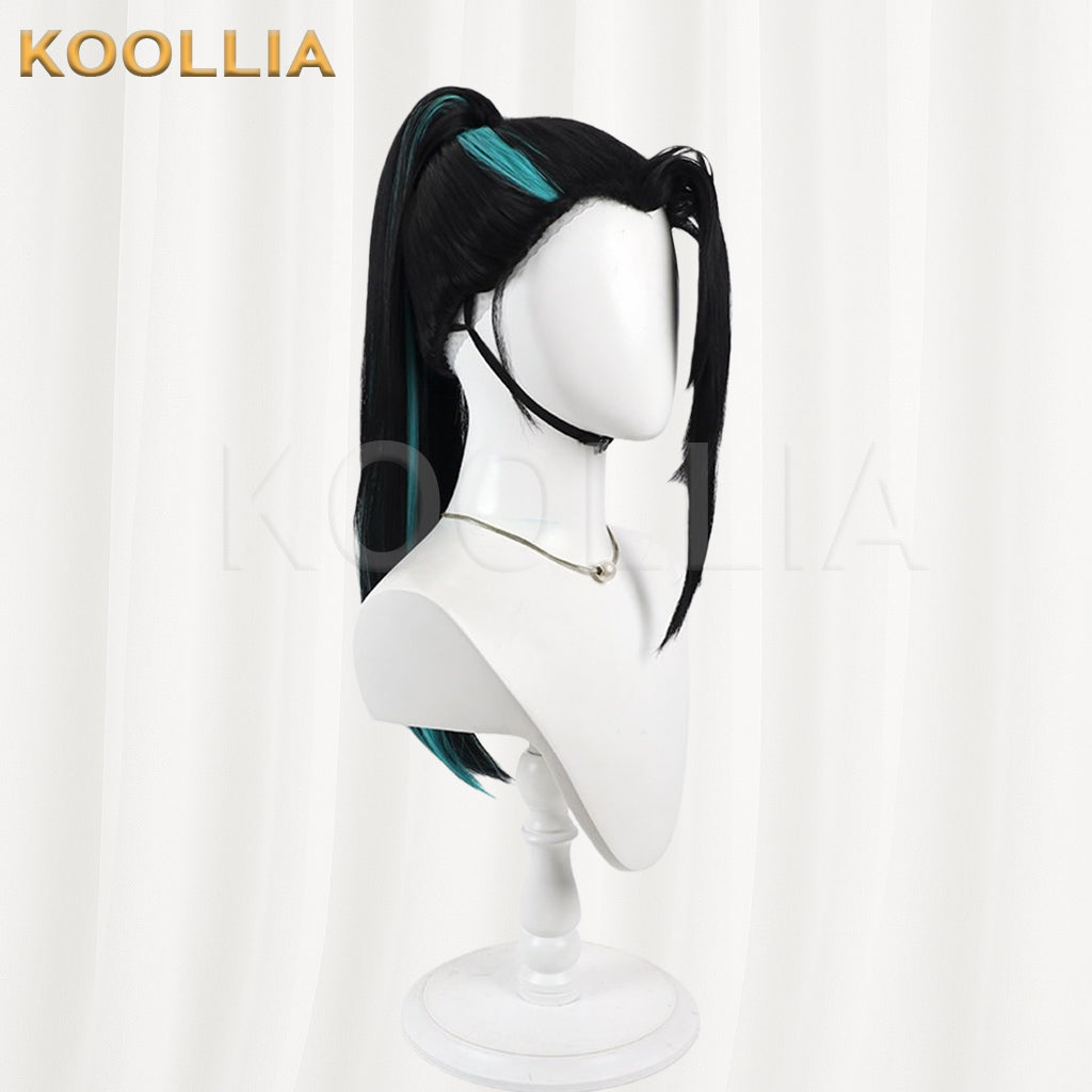 Touken Ranbu Namiheyasu Wig Jet‑Black With Teal‑Blue Highlights Mechanism Hairline Scalp Top Bun Detachable Ponytail Basic Wig