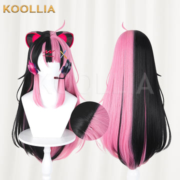 BangDream MewType Sengoku Yuno Wig Half‑Black Half‑Pink Split Color Realistic Scalp Top Long Straight Wig Basic Wig