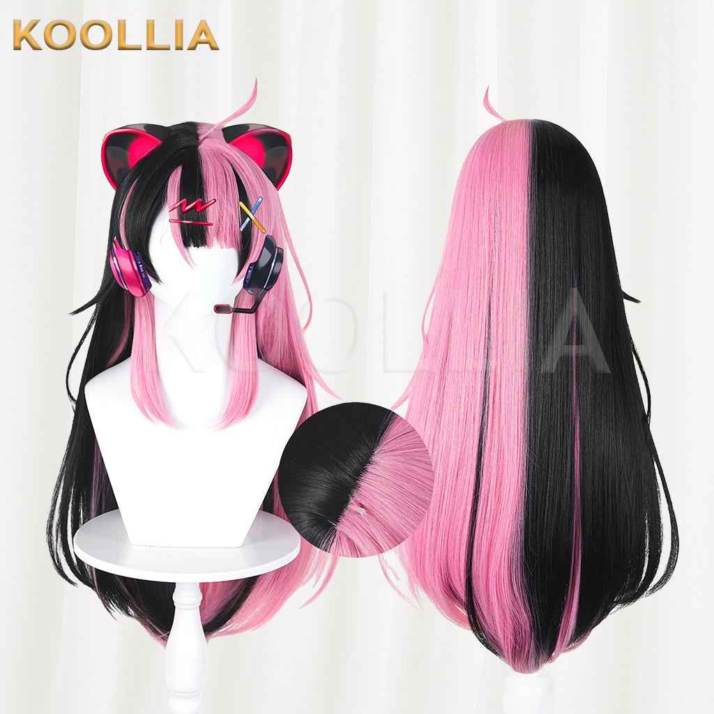 BangDream MewType Sengoku Yuno Wig Half‑Black Half‑Pink Split Color Realistic Scalp Top Long Straight Wig Basic Wig