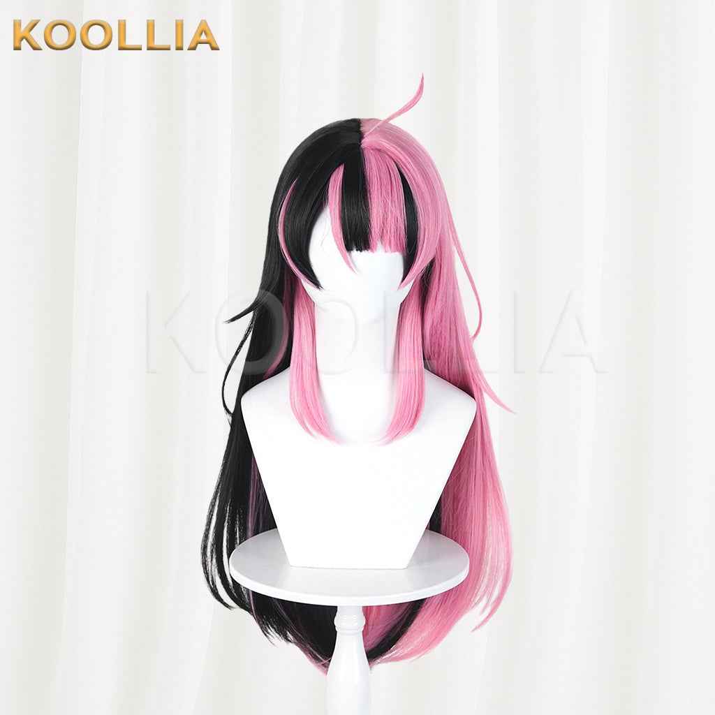 BangDream MewType Sengoku Yuno Wig Half‑Black Half‑Pink Split Color Realistic Scalp Top Long Straight Wig Basic Wig