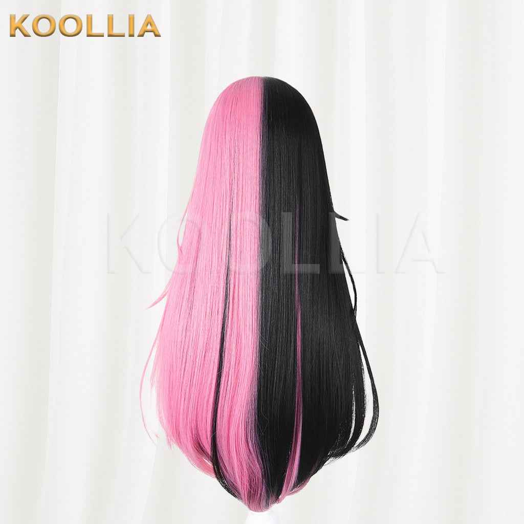 BangDream MewType Sengoku Yuno Wig Half‑Black Half‑Pink Split Color Realistic Scalp Top Long Straight Wig Basic Wig