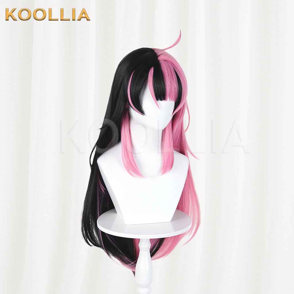 BangDream MewType Sengoku Yuno Wig Half‑Black Half‑Pink Split Color Realistic Scalp Top Long Straight Wig Basic Wig