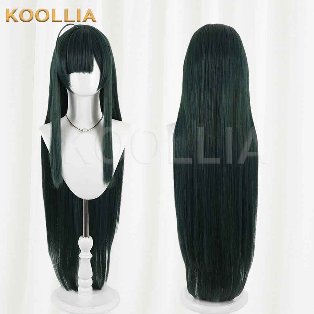 Mameda Horizon Tohoku Junko Wig Dark Emerald‑Green Realistic Scalp Top Built‑In Ahoge Extra‑Long Straight Wig Basic Wig