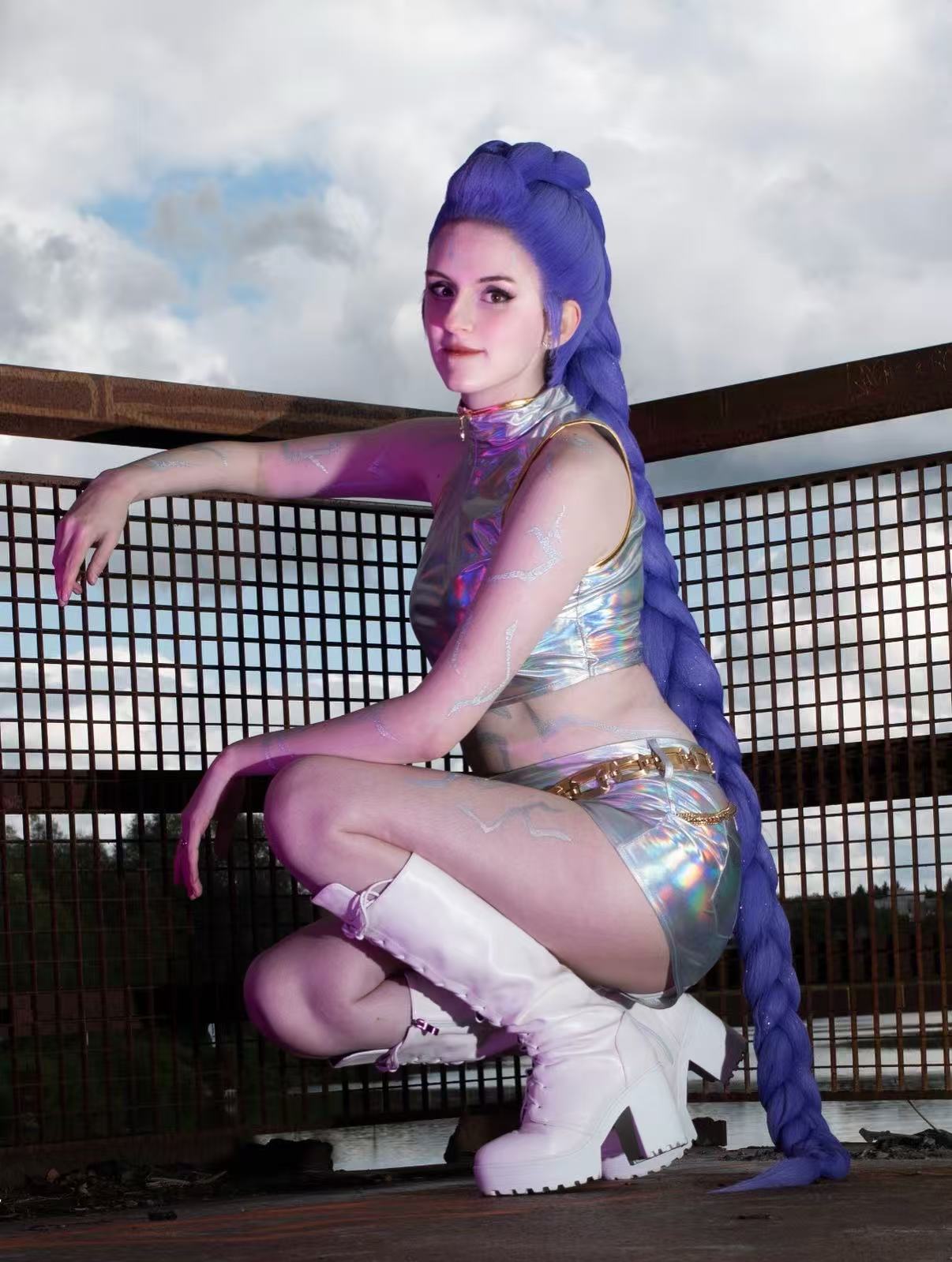 An exceptional example of K-Pop anime cosplay photography showcasing an outdoor styled long single braid wig with futuristic attire, branded and curated by Koollia.