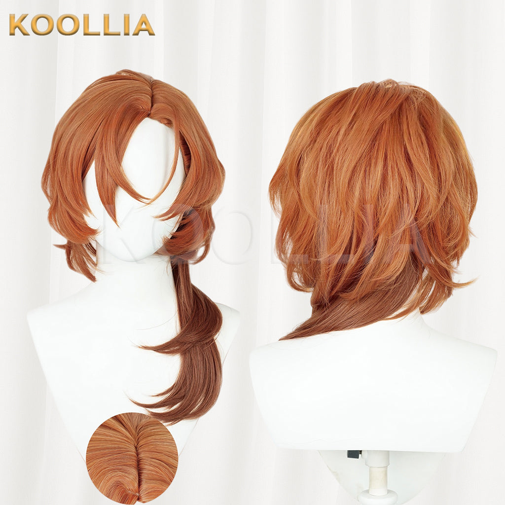 Front and back views of the Nakahara Chuuya cosplay wig from Bungo Stray Dogs, featuring layered orange hair, a long side piece, and a close-up inset of the realistic scalp parting.