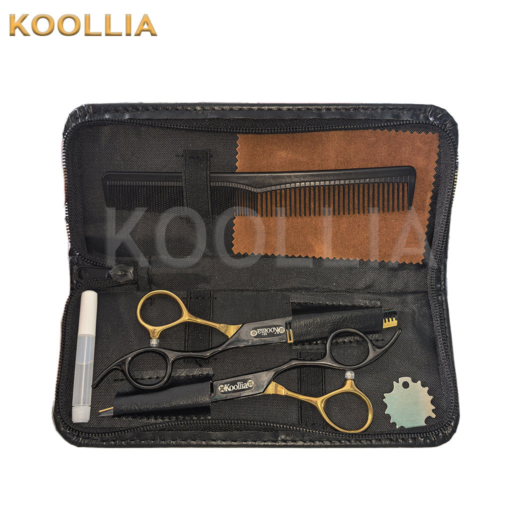 "Professional cosplay wig trimming scissors kit by Koollia, featuring black and gold shears, a hair comb, and maintenance accessories organized in a black zippered leather case."