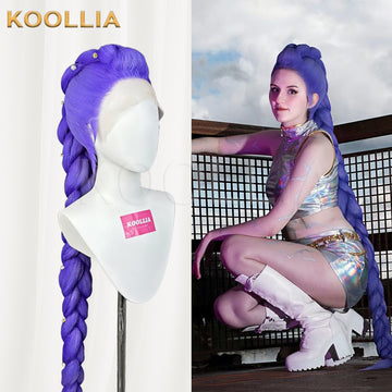 "Official K-Pop Demon Hunter Rumi cosplay wig by Koollia, showing a split view of the premium purple lace front long braided wig on a mannequin and styled on a cosplayer."