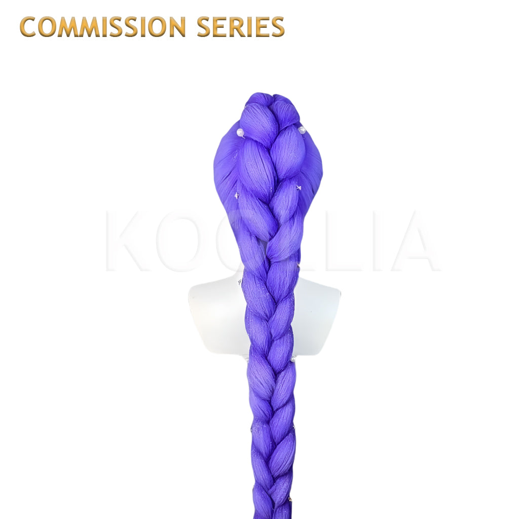 "A detailed back view of the premium Rumi cosplay wig from the Koollia Commission Series, highlighting the symmetrical purple chunky braid and pearl hair accessories on a white mannequin."