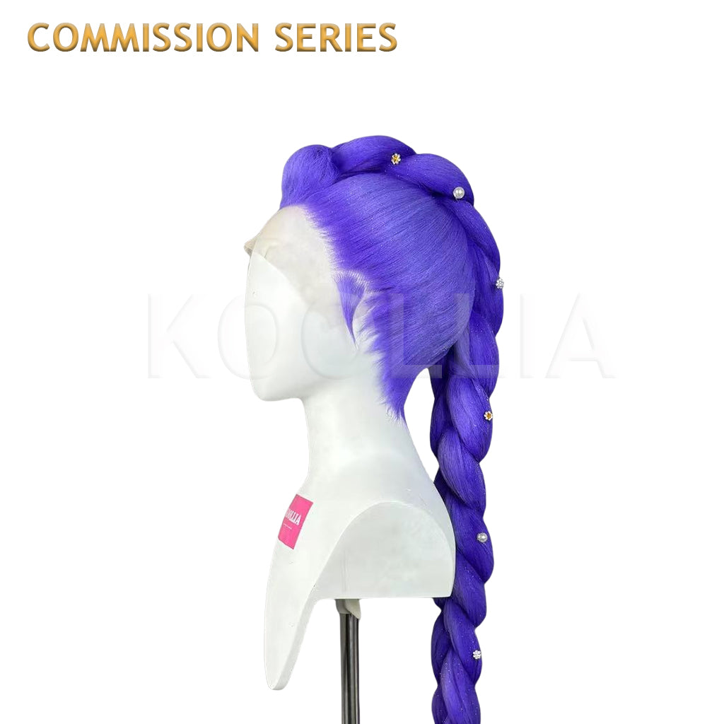 A detailed left side view of the premium Rumi cosplay wig from the Koollia Commission Series, highlighting the sleek purple slicked-back styling and a decorated long single braid on a white mannequin.