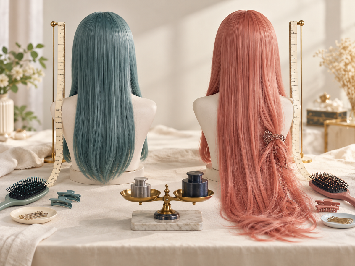 100cm wig and 80cm cosplay wig length and weight comparison with measuring tapes and a balance scale