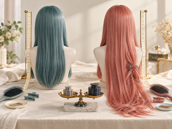 100cm wig and 80cm cosplay wig length and weight comparison with measuring tapes and a balance scale