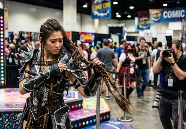 long braid wig snagging on costume spikes during convention photo shoot