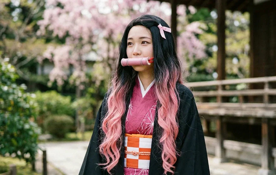 Nezuko dark wig with pink gradient cosplay