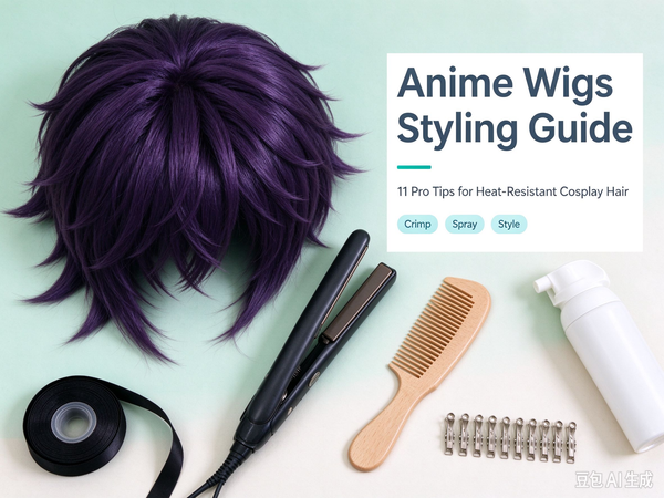 Anime wigs styling guide: dark blue spiky cosplay wig on a mannequin with crimping iron, comb, clips and wig spray