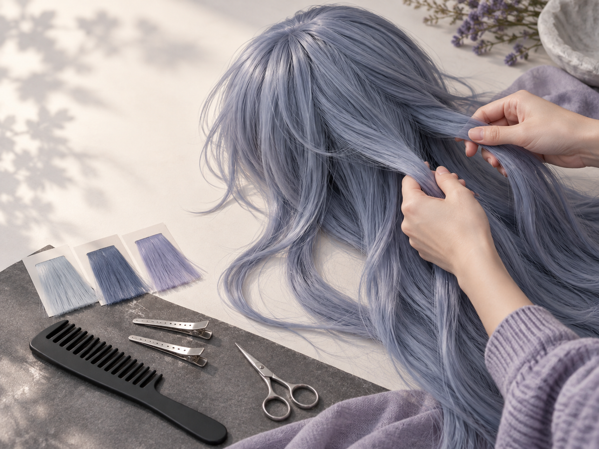 Blue anime wig in a muted blue-gray shade being sectioned for a Mahito cosplay hairstyle