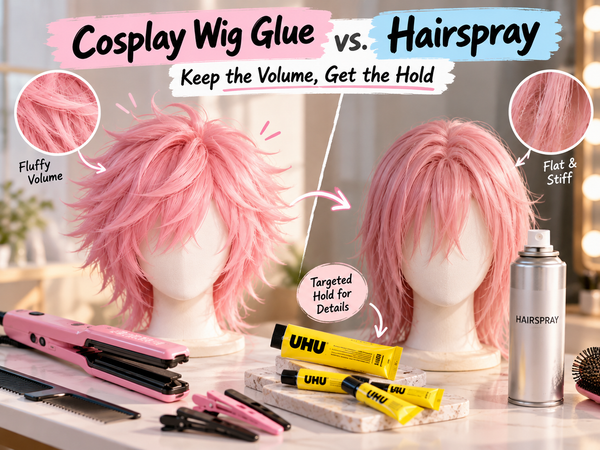 Cosplay wig glue vs hairspray comparison showing a fluffy pink cosplay wig beside a flat wig with reduced volume after styling.