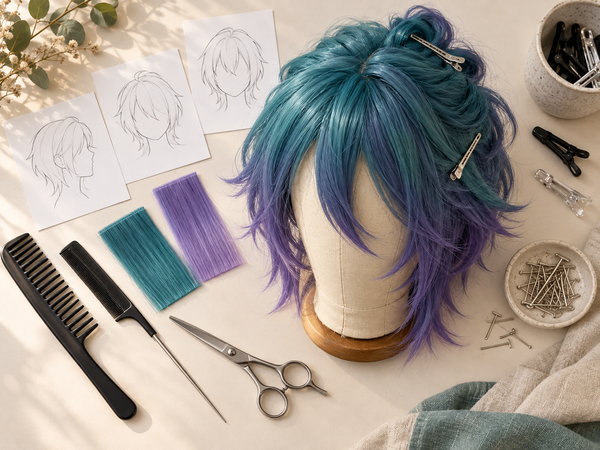 DIY wig learning setup with a synthetic wig, reference sketches and beginner styling tools