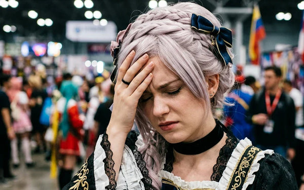 A Western cosplayer of anime style, close-up shot of the head, one hand holding the side of the head, eyes closed with a painful headache expression, Caucasian facial features.