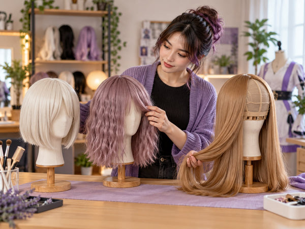 Cosplayer comparing short, crimped and long base wigs for a new cosplay styling project