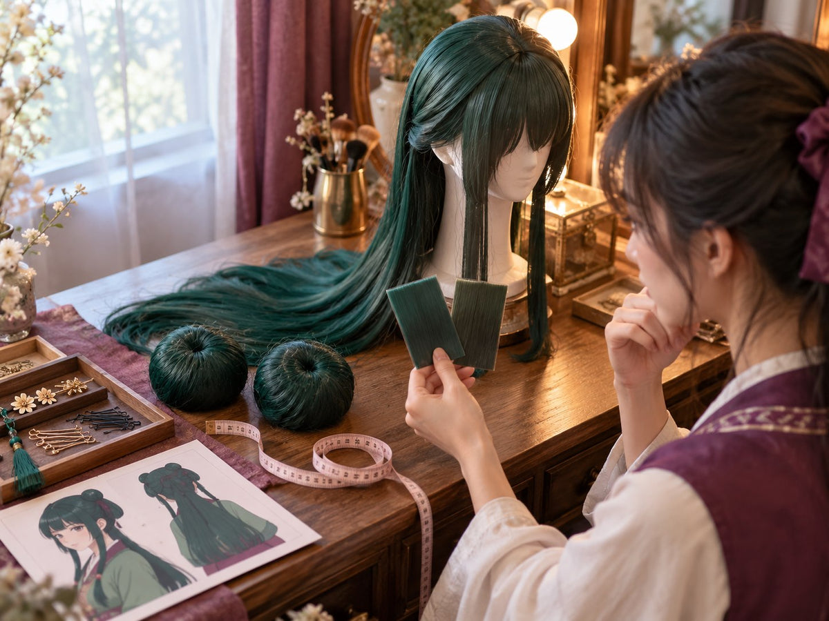 Maomao wig buyer comparing dark green shades, long hair length and twin bun pieces before styling