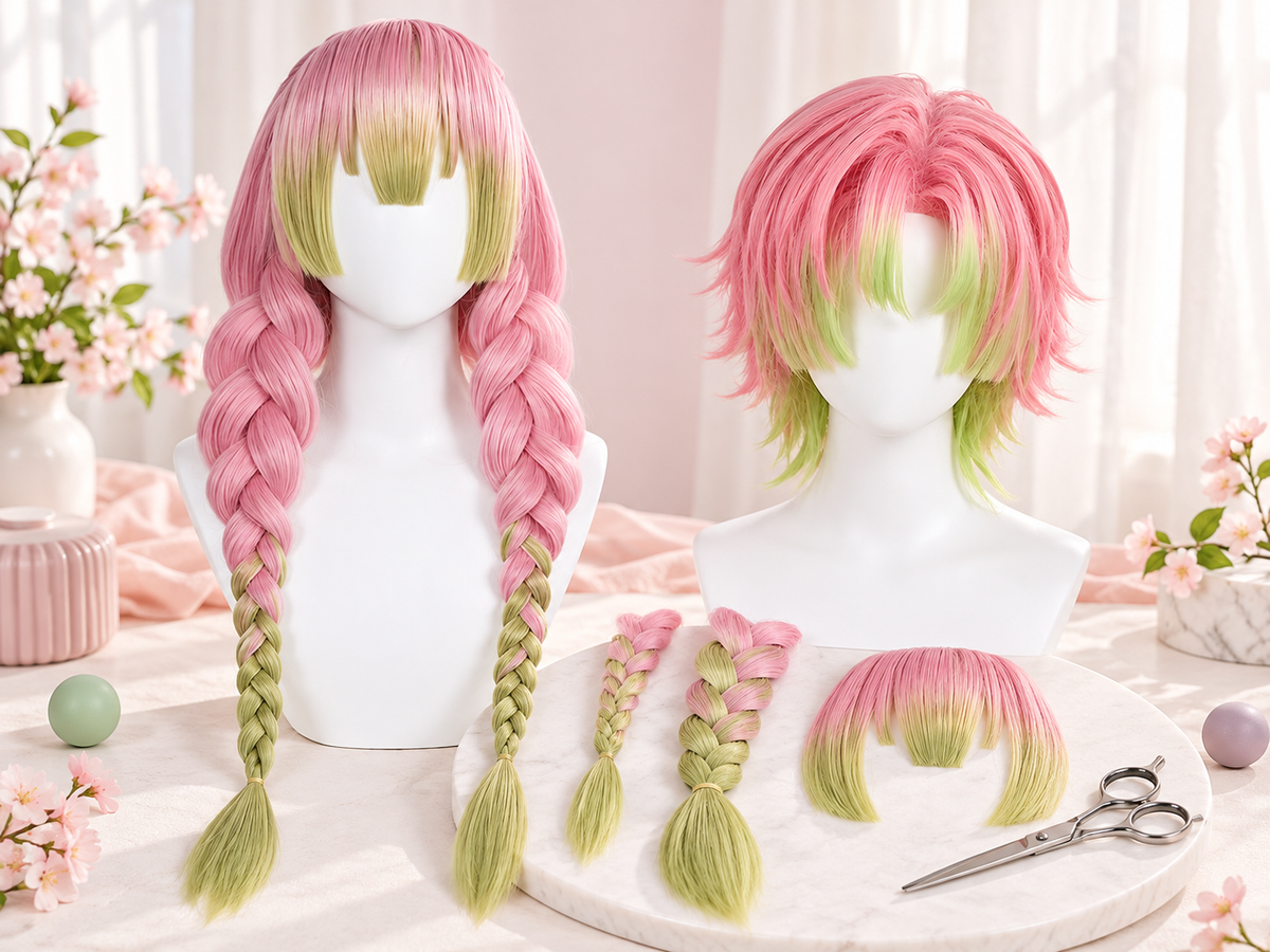 Mitsuri wig comparison with long and short pink-green styles and balanced versus thin braid ends