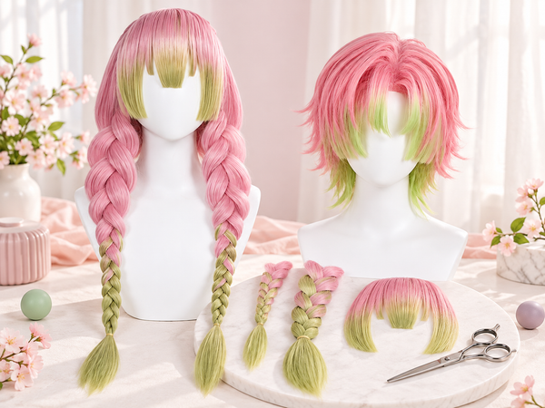 Mitsuri wig comparison with long and short pink-green styles and balanced versus thin braid ends