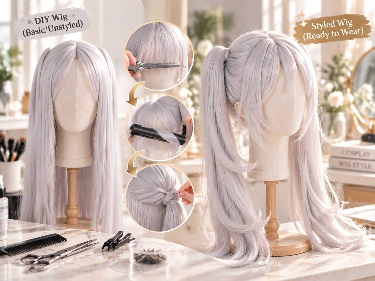 Before and after comparison of styled cosplay wigs from basic wig to ready-to-wear hairstyle