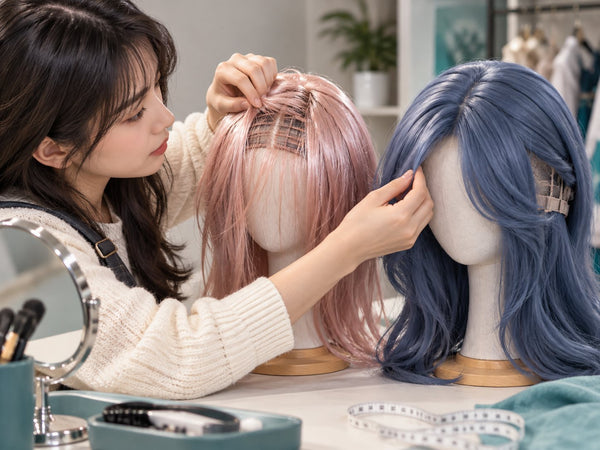 Cosplay shopper comparing wig density, fiber shine and adjustable cap construction before buying