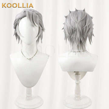 A professional front and back view comparison of a premium silver-grey short anime cosplay wig by Koollia, showcasing the styled layered bangs and textured back spikes on a mannequin