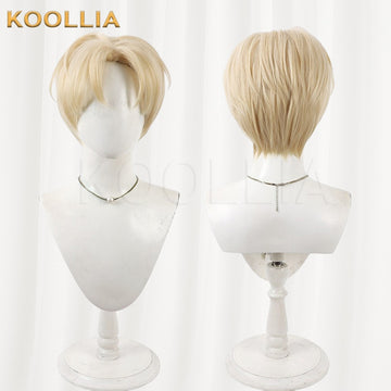 KOOLLIA short blonde male cosplay wig, dual view showing front with side-swept bangs and back with short layered nape cut on mannequin.