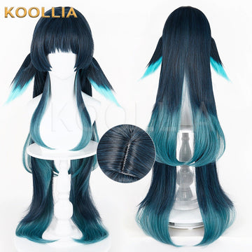 Multi-angle display of Genshin Impact Celaeno dark blue gradient teal layered basic wig