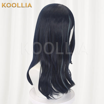 Wind Breaker Sugishita Kyotaro cosplay wig product display, showing a three-quarter angled view of the medium-long ink blue wig on a mannequin. It features pre-styled, long disheveled strands sweeping across the forehead and framing the face, with loose textured waves cascading over the shoulders.
