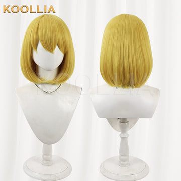 Multi-angle display of One Piece Carrot cyan yellow full fringe short bob hair basic wig