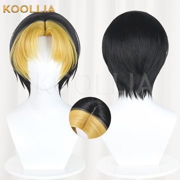 Hikaru no Go inspired split color cosplay wig product display, showing a side-by-side front and back view. The short haircut features a black base with bright golden yellow curtain bangs in the front, along with a circular inset of the top skin parting.