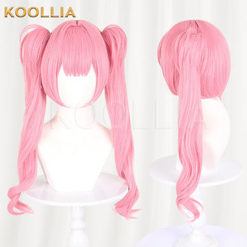 Link Click Li Tianxi cosplay wig product display, showing side-by-side front and profile views. The cherry blossom pink wig features full, neat straight bangs over the forehead, long curved face-framing side layers, and two high-set twin tails styled into soft, loose waves cascading down past the shoulders.