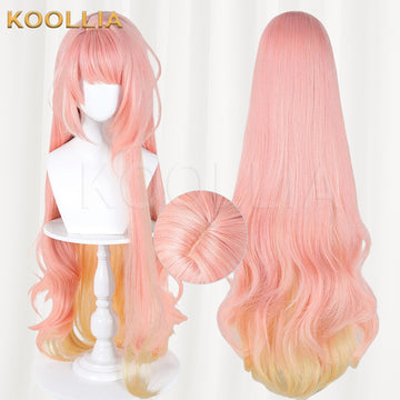 Arknights Rémi Ann cosplay wig product display, showing side-by-side front and back views. The long wig features a soft coral pink base transitioning into a pastel yellow gradient at the wavy ends, with a circular inset of the skin top part.