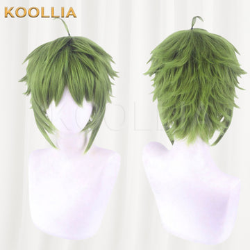 Mushoku Tensei Sylphiette cosplay wig product display, showing side-by-side front and back views. The short grass green wig features layered, spiky anime styling, face-framing side bangs, and a prominent upright single hair strand loop (ahoge) on top of the crown.