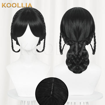 Multi-angle display of Wednesday Addams pure black braided bun basic wig